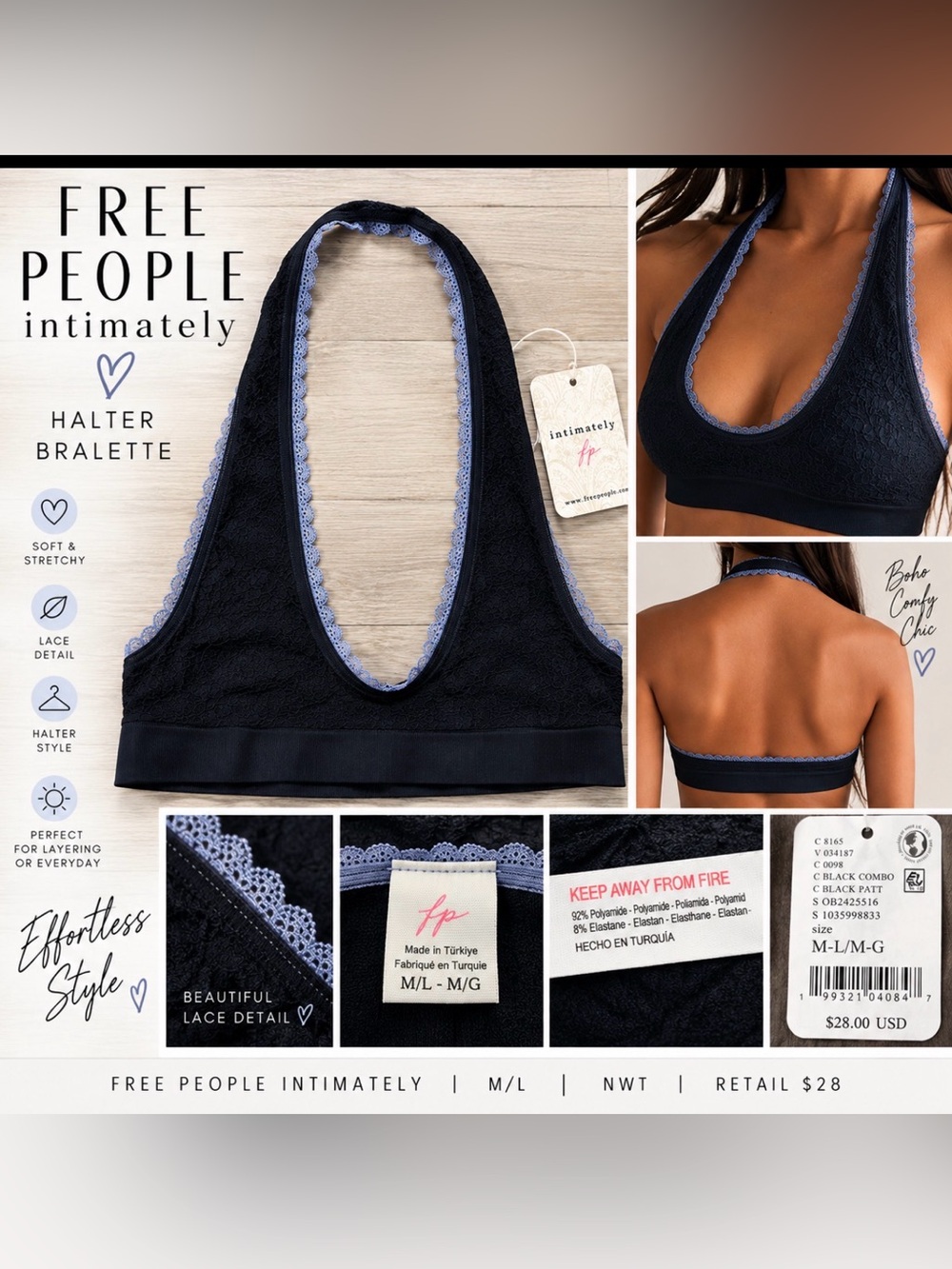 Free People Intimately Black Lace Halter Bralette M/L NWT